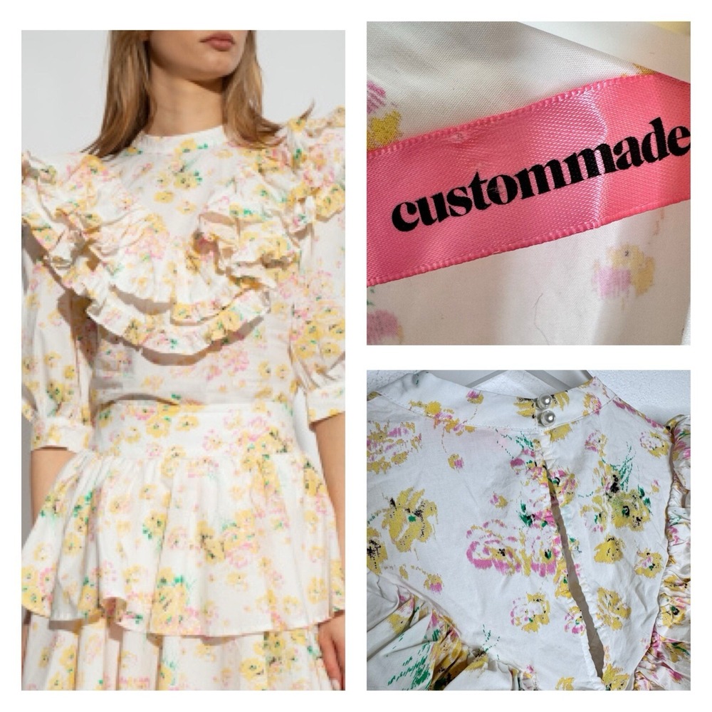 Custommade Womens Delva Floral Ruffle Blouse Size  M 38 White Pink Yellow Cotton